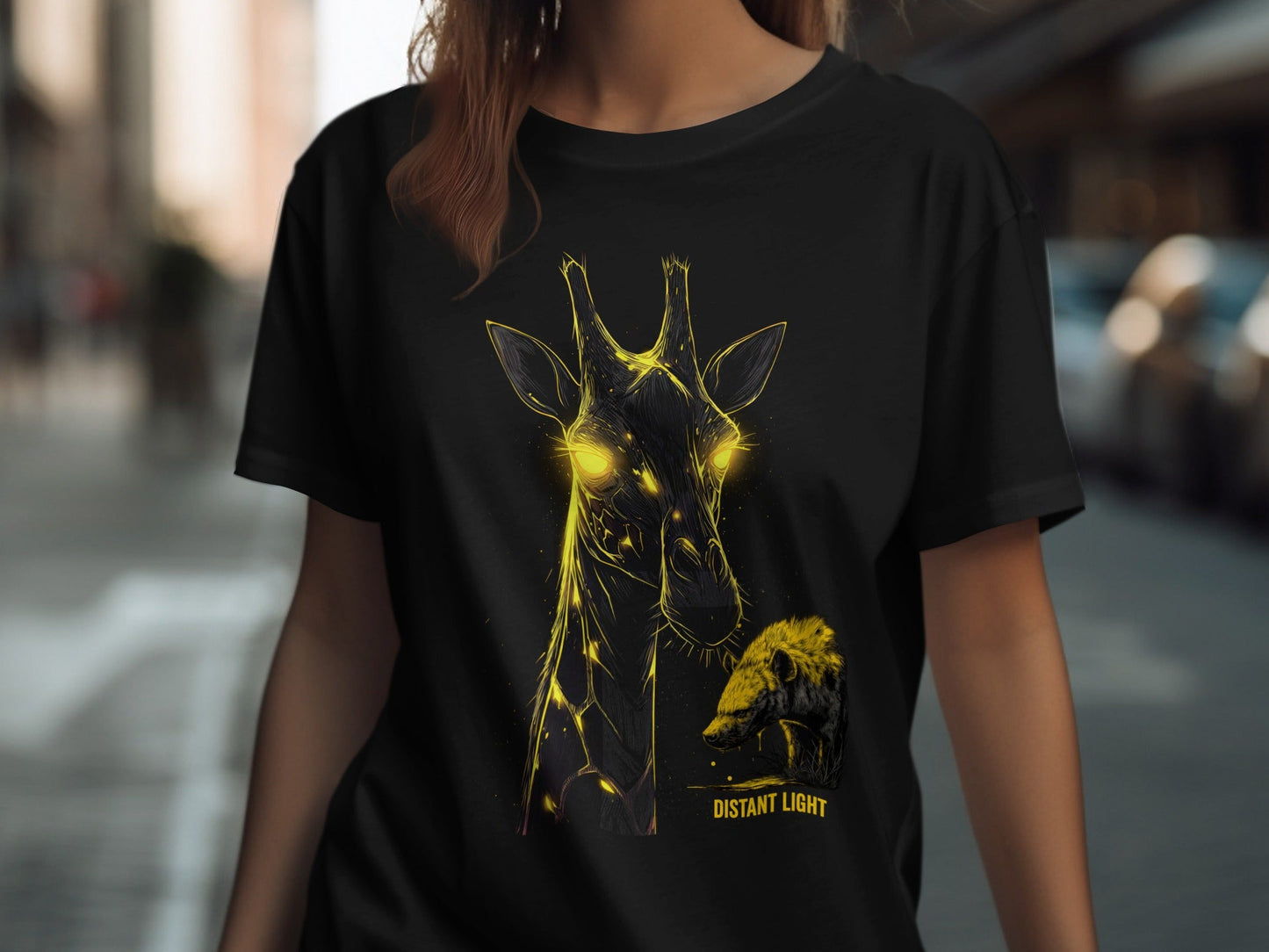 RMA APPAREL illustration of Giraffe Mammal Art Wildlife T-Shirt - Distant Light White T-Shirts - RMA APPAREL - Roclla Media Apparel Store