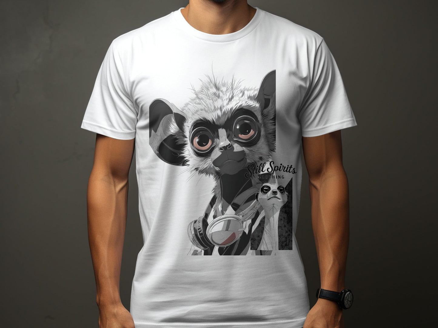 RMA APPAREL Lemur Meerkat Vibes Graphic Unisex T-Shirt - Still Spirits White T-Shirt - RMA APPAREL - Roclla Media Apparel Store