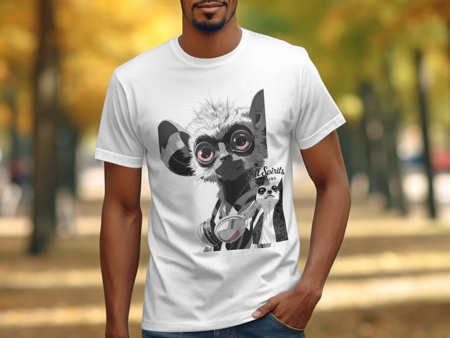 RMA APPAREL Lemur Meerkat Vibes Graphic Unisex T-Shirt - Still Spirits White T-Shirt - RMA APPAREL - Roclla Media Apparel Store