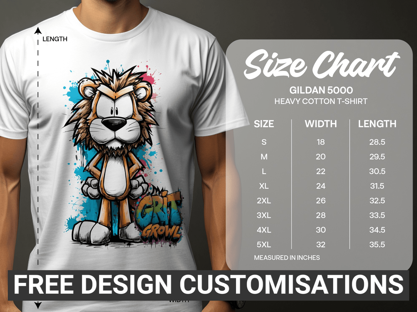 RMA APPAREL Lion Character Unisex T-Shirt Sizes S to 5XL - Grit & Growl White T-Shirts - RMA APPAREL - Roclla Media Apparel Store