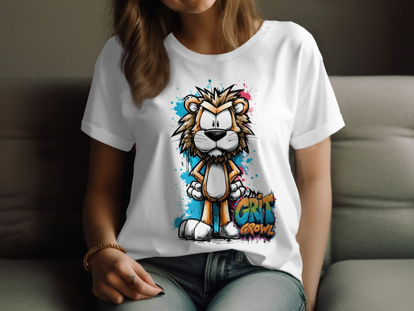 RMA APPAREL Lion Character Unisex T-Shirt Sizes S to 5XL - Grit & Growl White T-Shirts - RMA APPAREL - Roclla Media Apparel Store