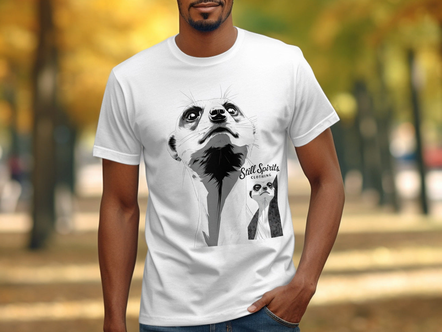 RMA APPAREL Meerkat Stare Unisex T-Shirt Sizes Small to 5XL T-Shirt - Still Spirits White T-Shirt - RMA APPAREL - Roclla Media Apparel Store