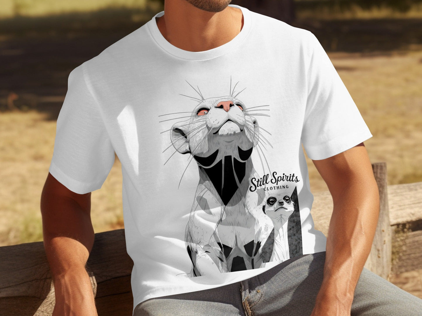 RMA APPAREL Meerkat Wildlife Graphic Mens Unisex T-Shirt - Still Spirits White T-Shirt - RMA APPAREL - Roclla Media Apparel Store