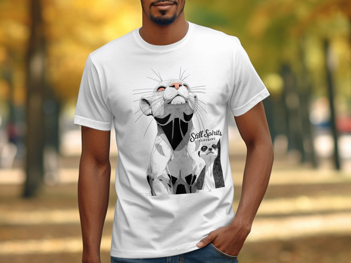 RMA APPAREL Meerkat Wildlife Graphic Mens Unisex T-Shirt - Still Spirits White T-Shirt - RMA APPAREL - Roclla Media Apparel Store
