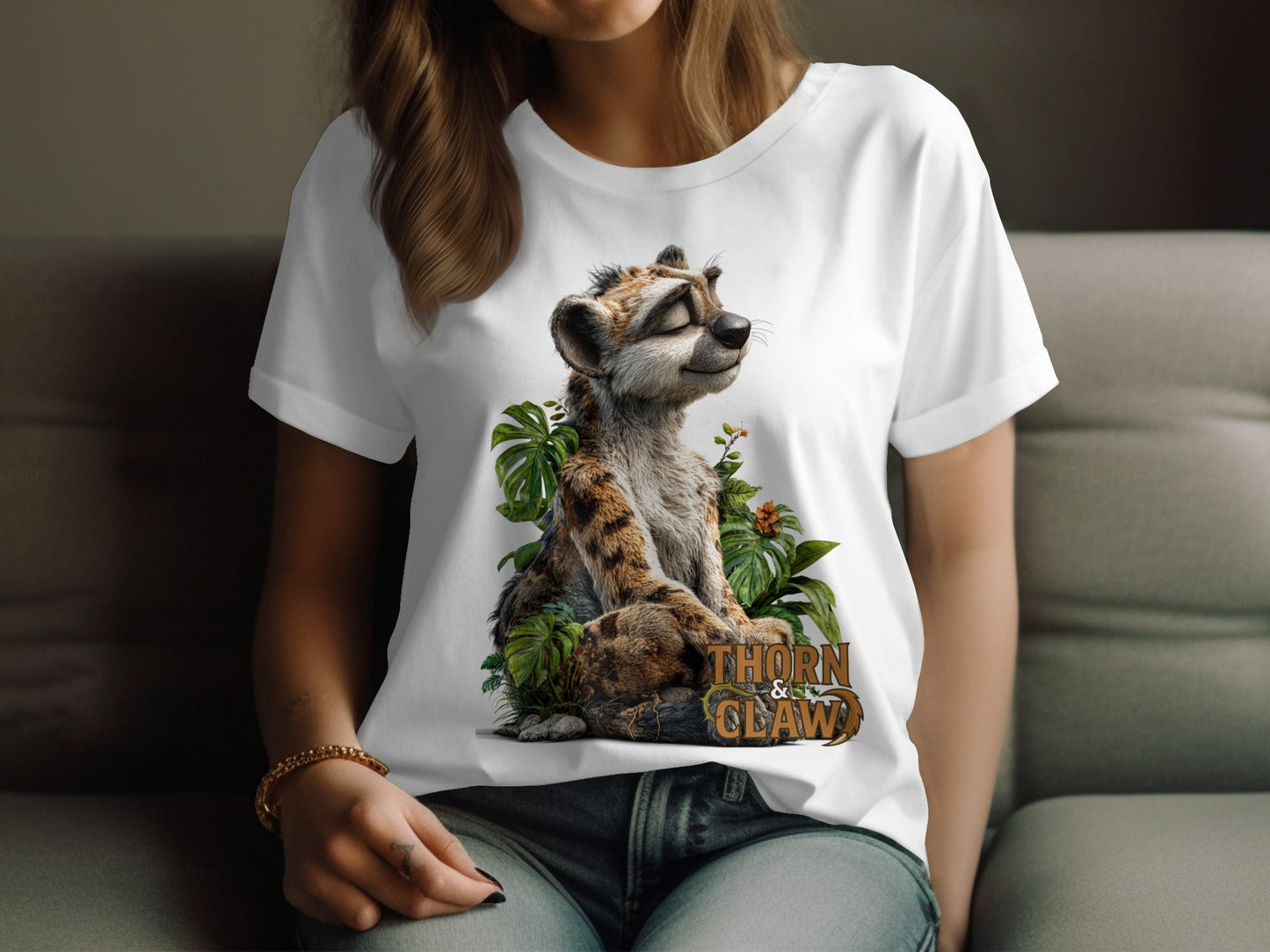 RMA APPAREL Peaceful Cheetah With Plants T-Shirt Sizes S - 5XL - Thorn & Claw White T-Shirts - RMA APPAREL - Roclla Media Apparel Store