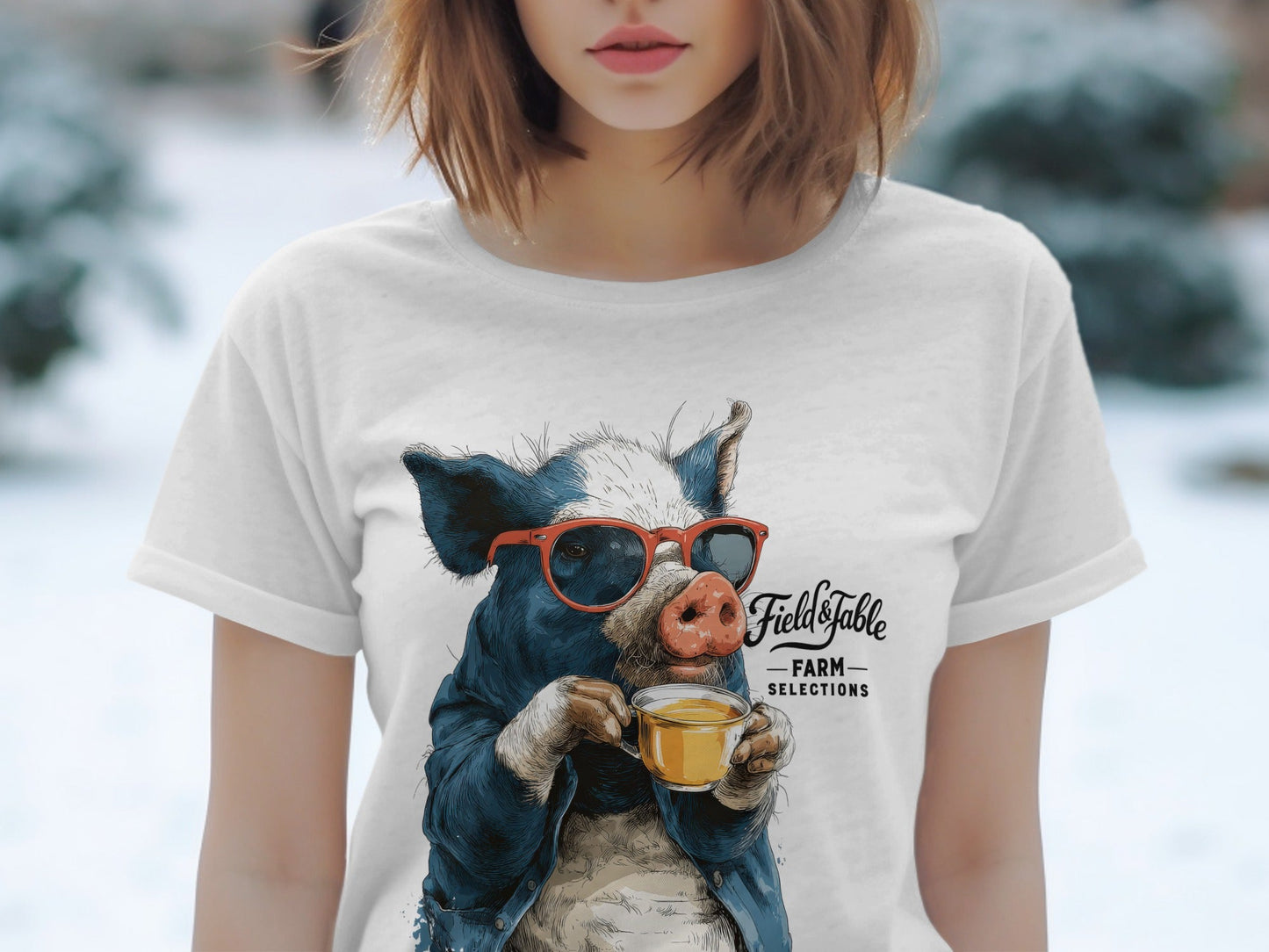 RMA APPAREL Pig with Sunglasses Sipping Tea Unisex T-Shirt - Field&Fable White T-Shirt - RMA APPAREL - Roclla Media Apparel Store