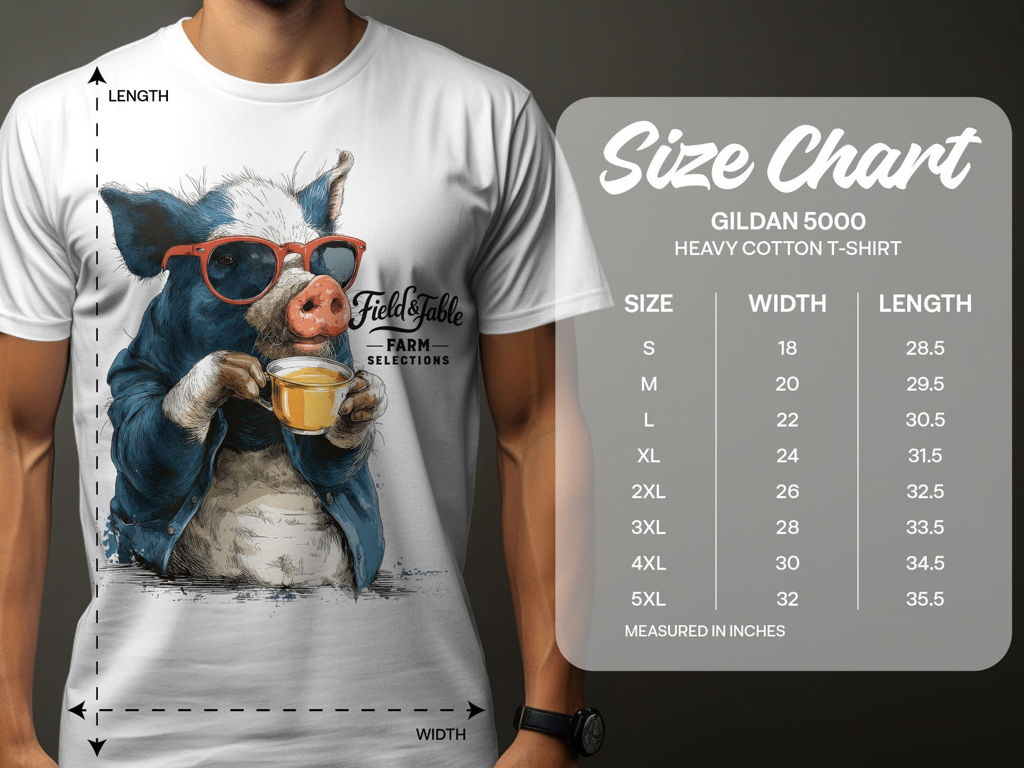 RMA APPAREL Pig with Sunglasses Sipping Tea Unisex T-Shirt - Field&Fable White T-Shirt - RMA APPAREL - Roclla Media Apparel Store