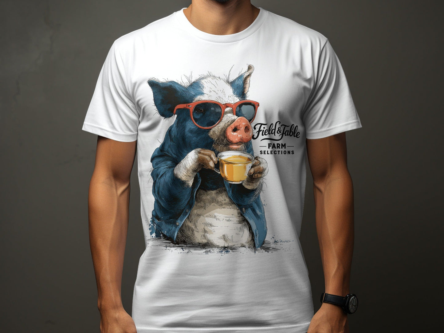 RMA APPAREL Pig with Sunglasses Sipping Tea Unisex T-Shirt - Field&Fable White T-Shirt - RMA APPAREL - Roclla Media Apparel Store