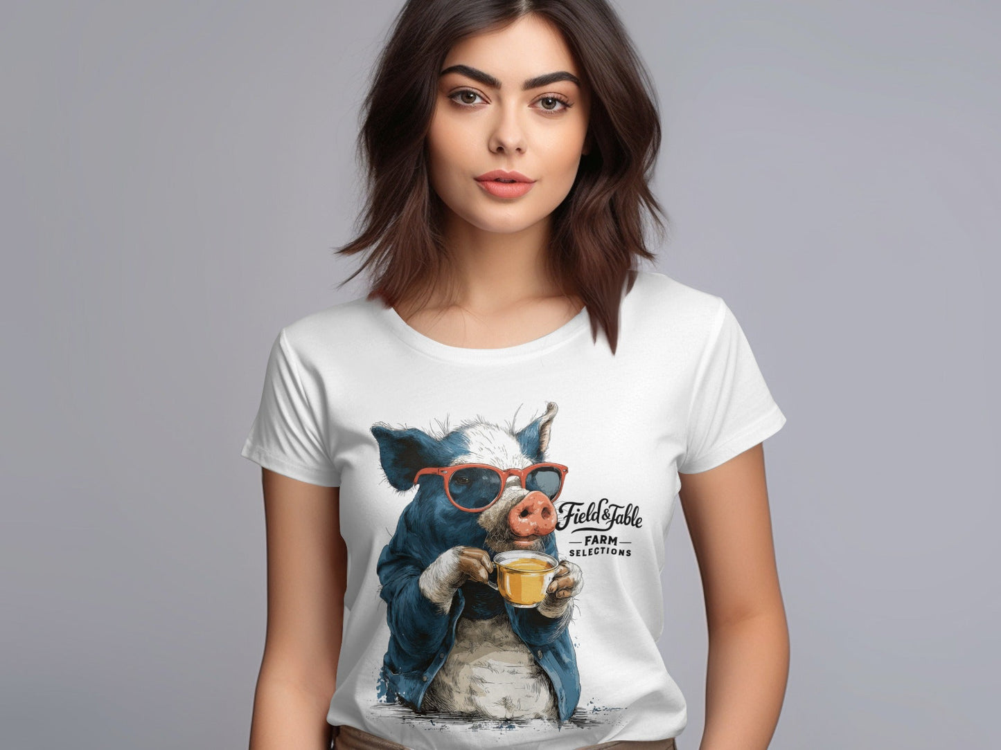RMA APPAREL Pig with Sunglasses Sipping Tea Unisex T-Shirt - Field&Fable White T-Shirt - RMA APPAREL - Roclla Media Apparel Store
