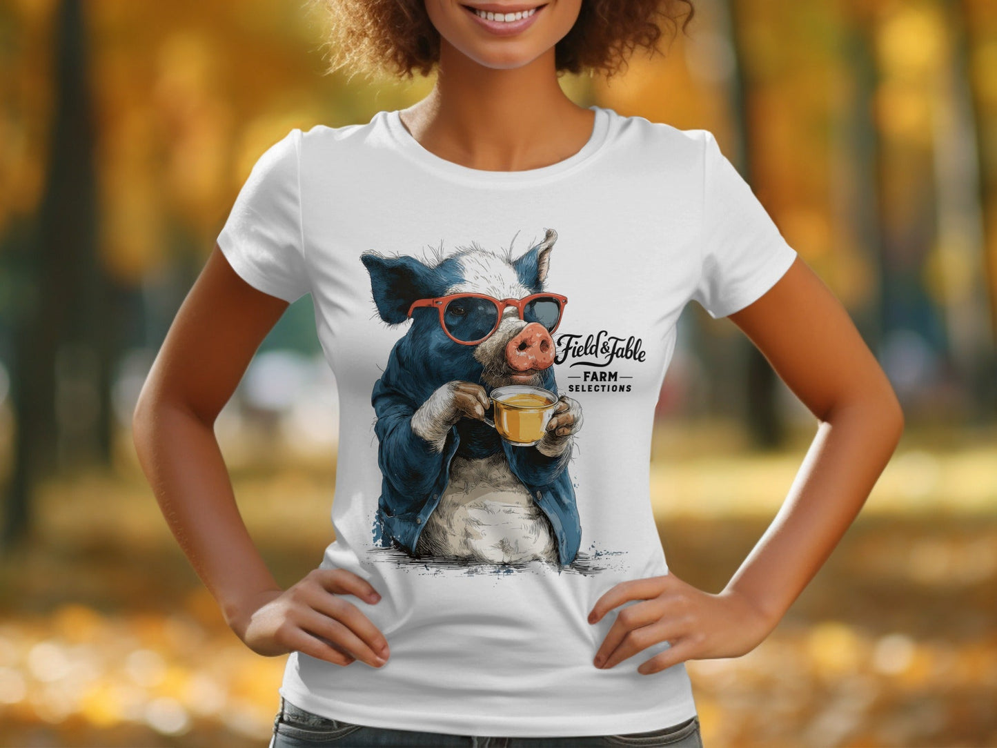 RMA APPAREL Pig with Sunglasses Sipping Tea Unisex T-Shirt - Field&Fable White T-Shirt - RMA APPAREL - Roclla Media Apparel Store