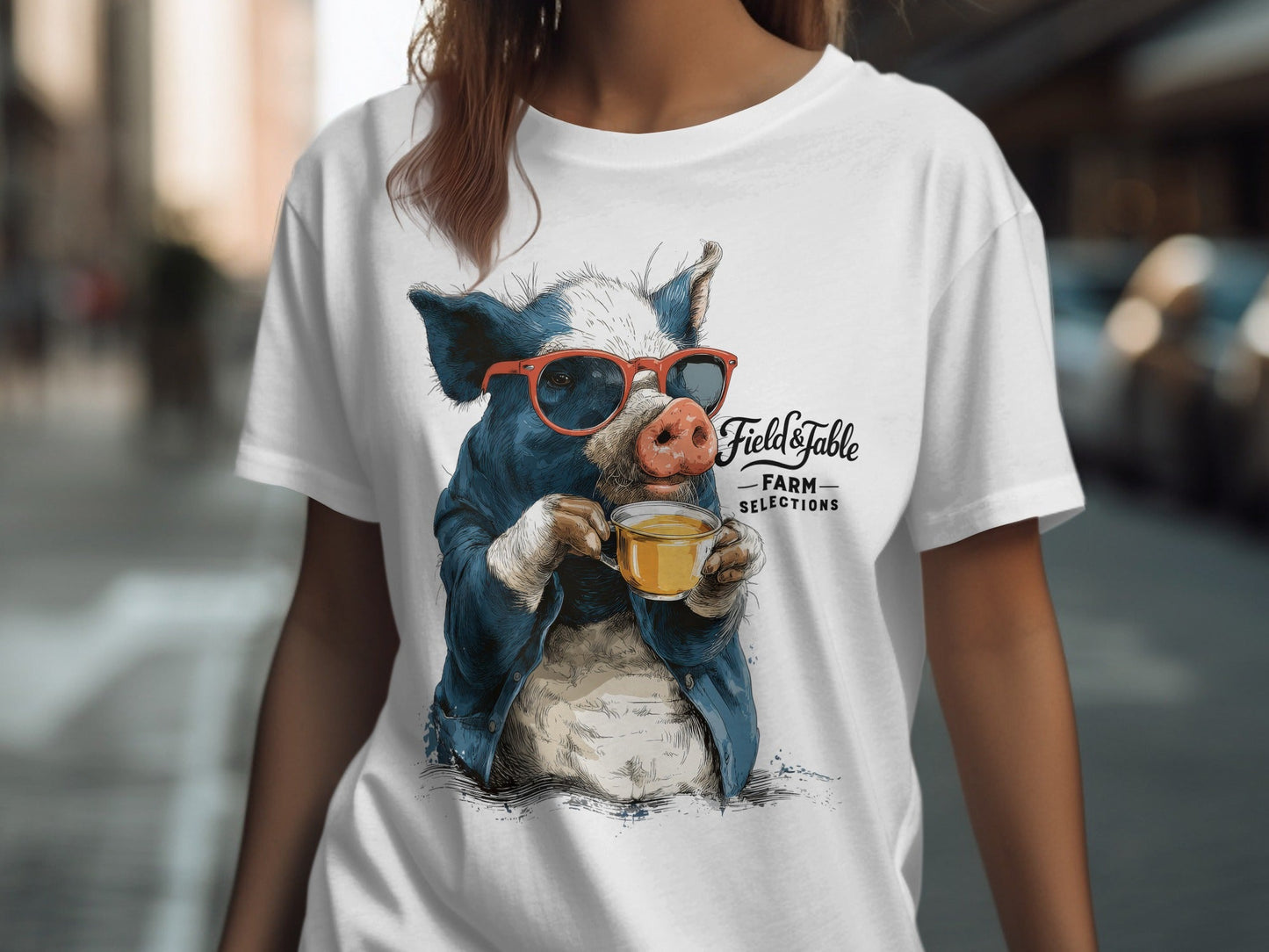 RMA APPAREL Pig with Sunglasses Sipping Tea Unisex T-Shirt - Field&Fable White T-Shirt - RMA APPAREL - Roclla Media Apparel Store