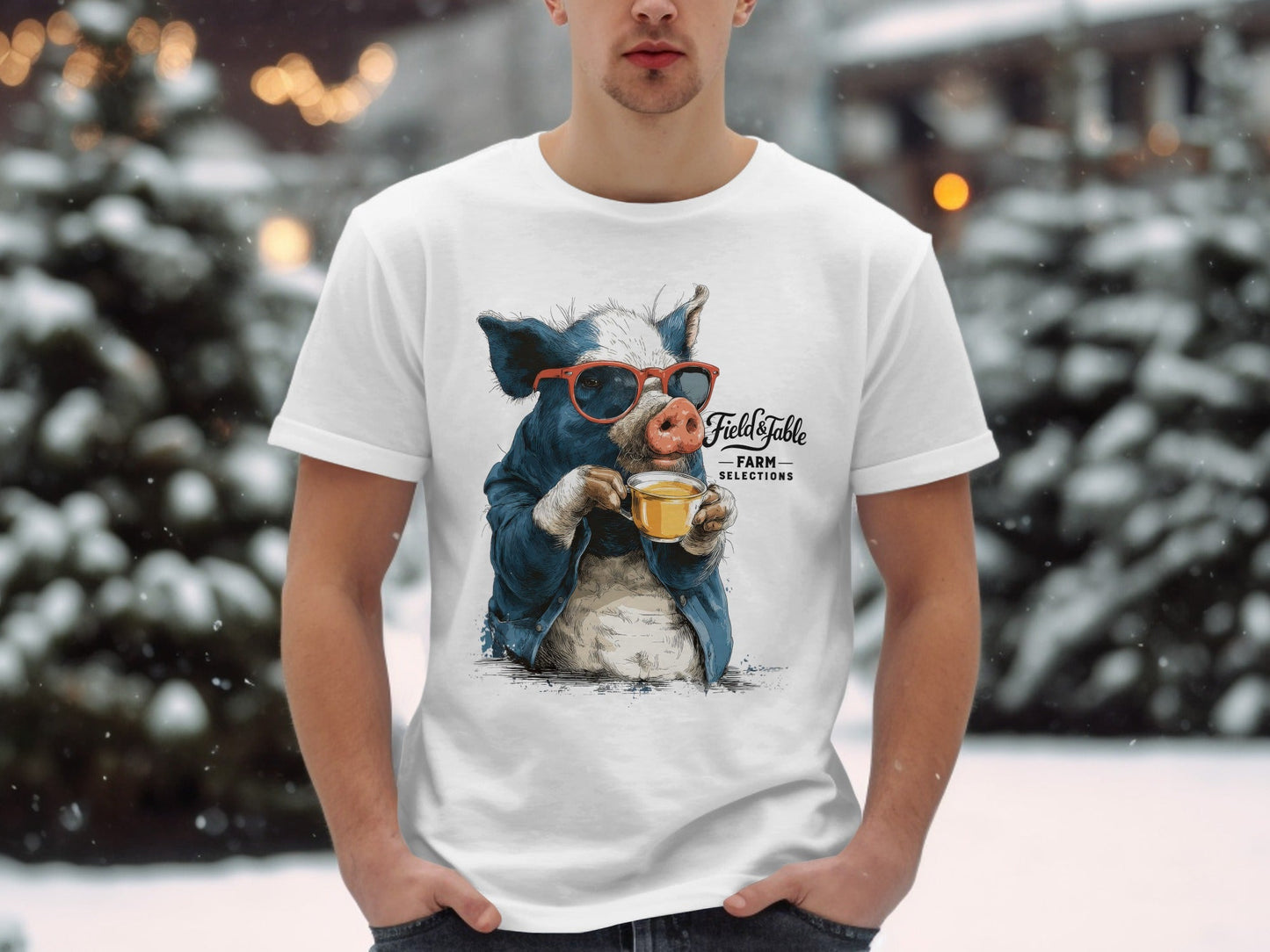RMA APPAREL Pig with Sunglasses Sipping Tea Unisex T-Shirt - Field&Fable White T-Shirt - RMA APPAREL - Roclla Media Apparel Store