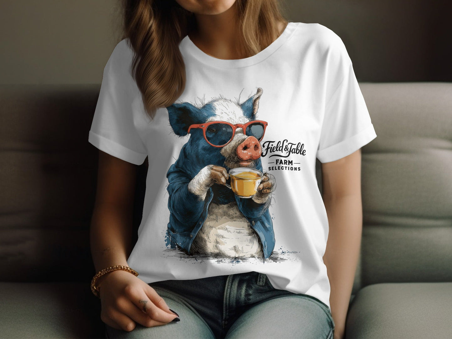 RMA APPAREL Pig with Sunglasses Sipping Tea Unisex T-Shirt - Field&Fable White T-Shirt - RMA APPAREL - Roclla Media Apparel Store