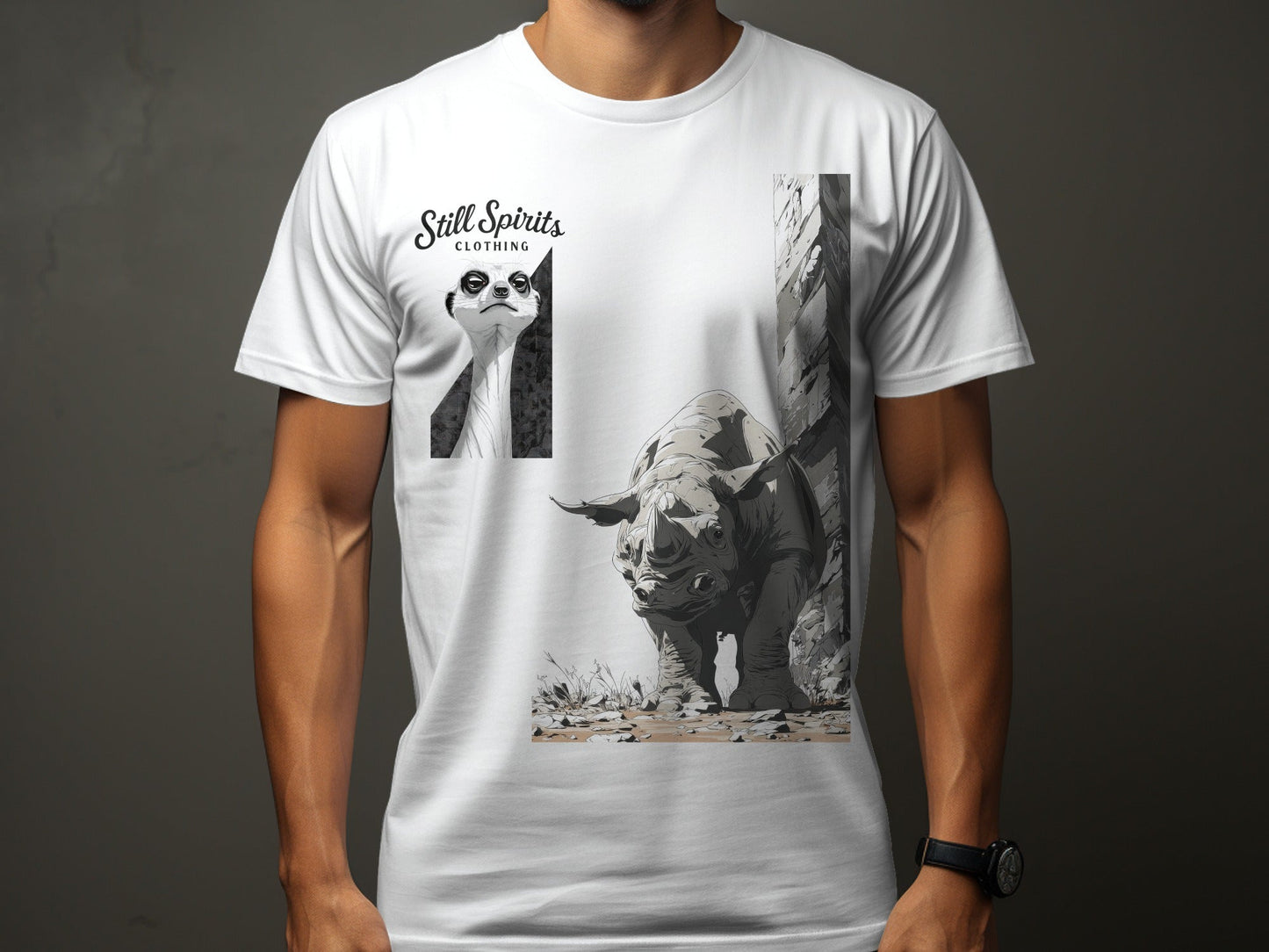 RMA APPAREL Rhino Meerkat Design Unisex Mens T-Shirt Sizes T-Shirt - Still Spirits White T-Shirt - RMA APPAREL - Roclla Media Apparel Store