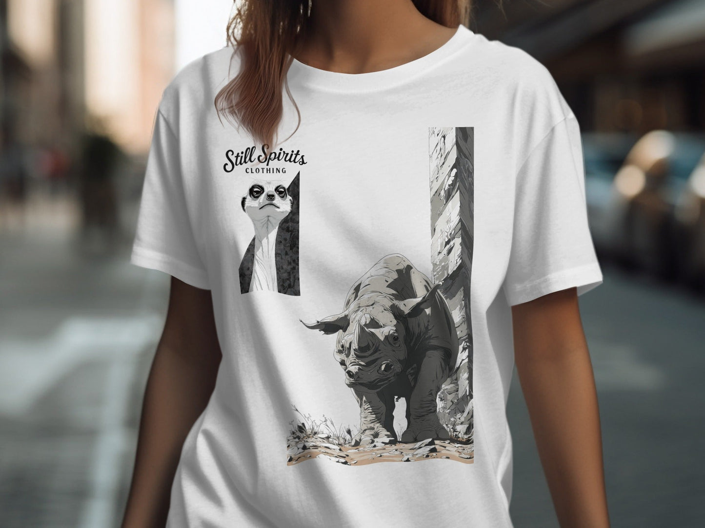 RMA APPAREL Rhino Meerkat Design Unisex Mens T-Shirt Sizes T-Shirt - Still Spirits White T-Shirt - RMA APPAREL - Roclla Media Apparel Store