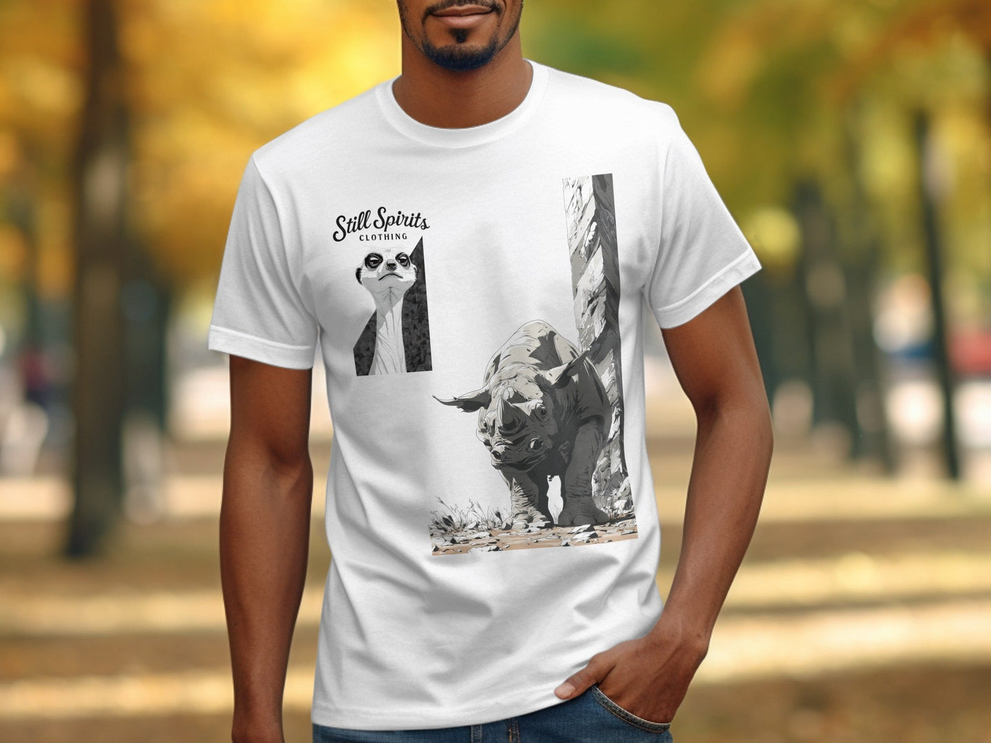 RMA APPAREL Rhino Meerkat Design Unisex Mens T-Shirt Sizes T-Shirt - Still Spirits White T-Shirt - RMA APPAREL - Roclla Media Apparel Store