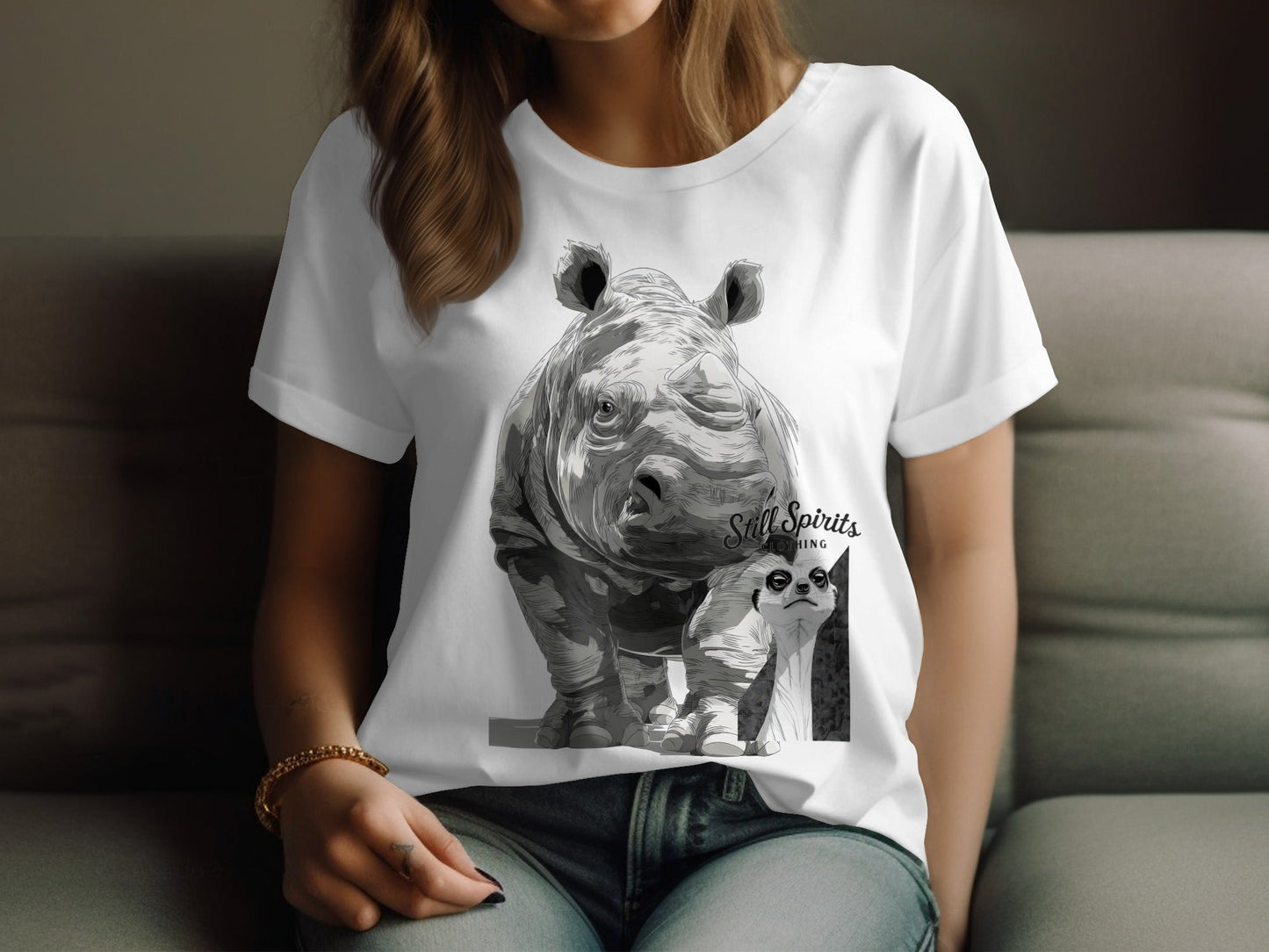 RMA APPAREL Rhino Meerkat Wildlife Animal Unisex T-Shirt - Still Spirits White T-Shirt - RMA APPAREL - Roclla Media Apparel Store