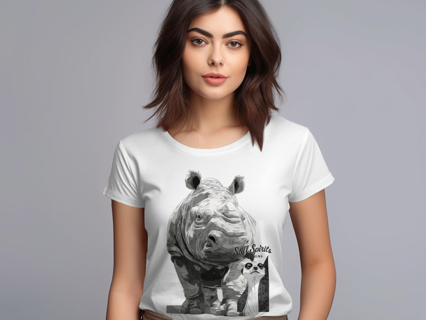 RMA APPAREL Rhino Meerkat Wildlife Animal Unisex T-Shirt - Still Spirits White T-Shirt - RMA APPAREL - Roclla Media Apparel Store