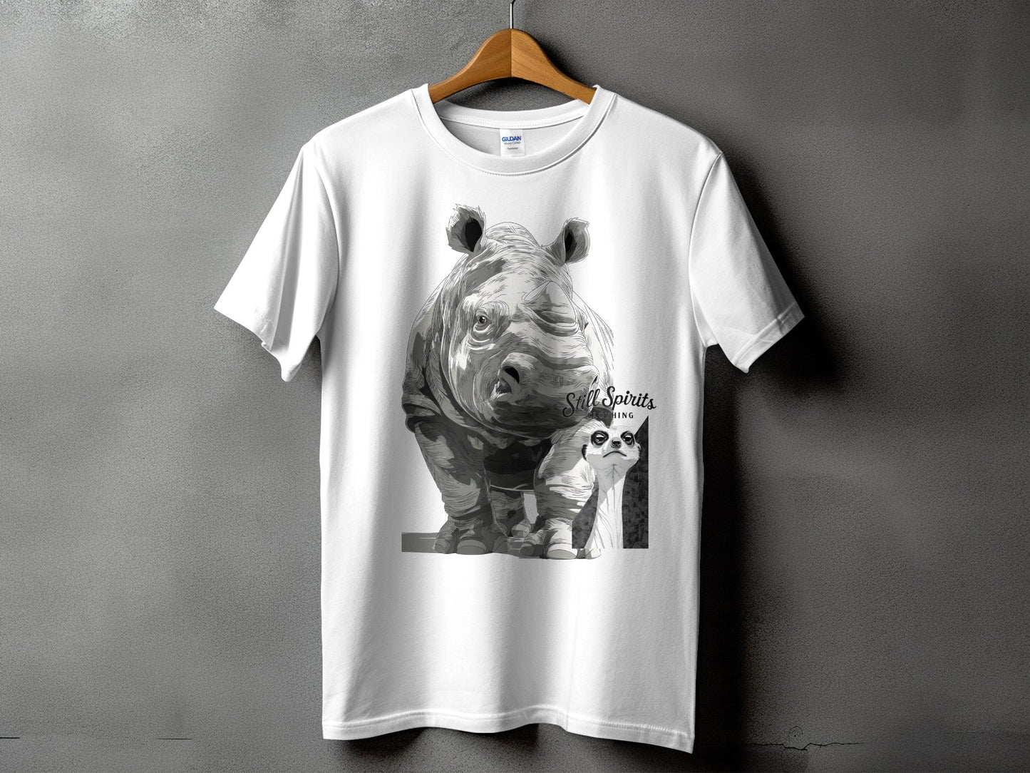 RMA APPAREL Rhino Meerkat Wildlife Animal Unisex T-Shirt - Still Spirits White T-Shirt - RMA APPAREL - Roclla Media Apparel Store