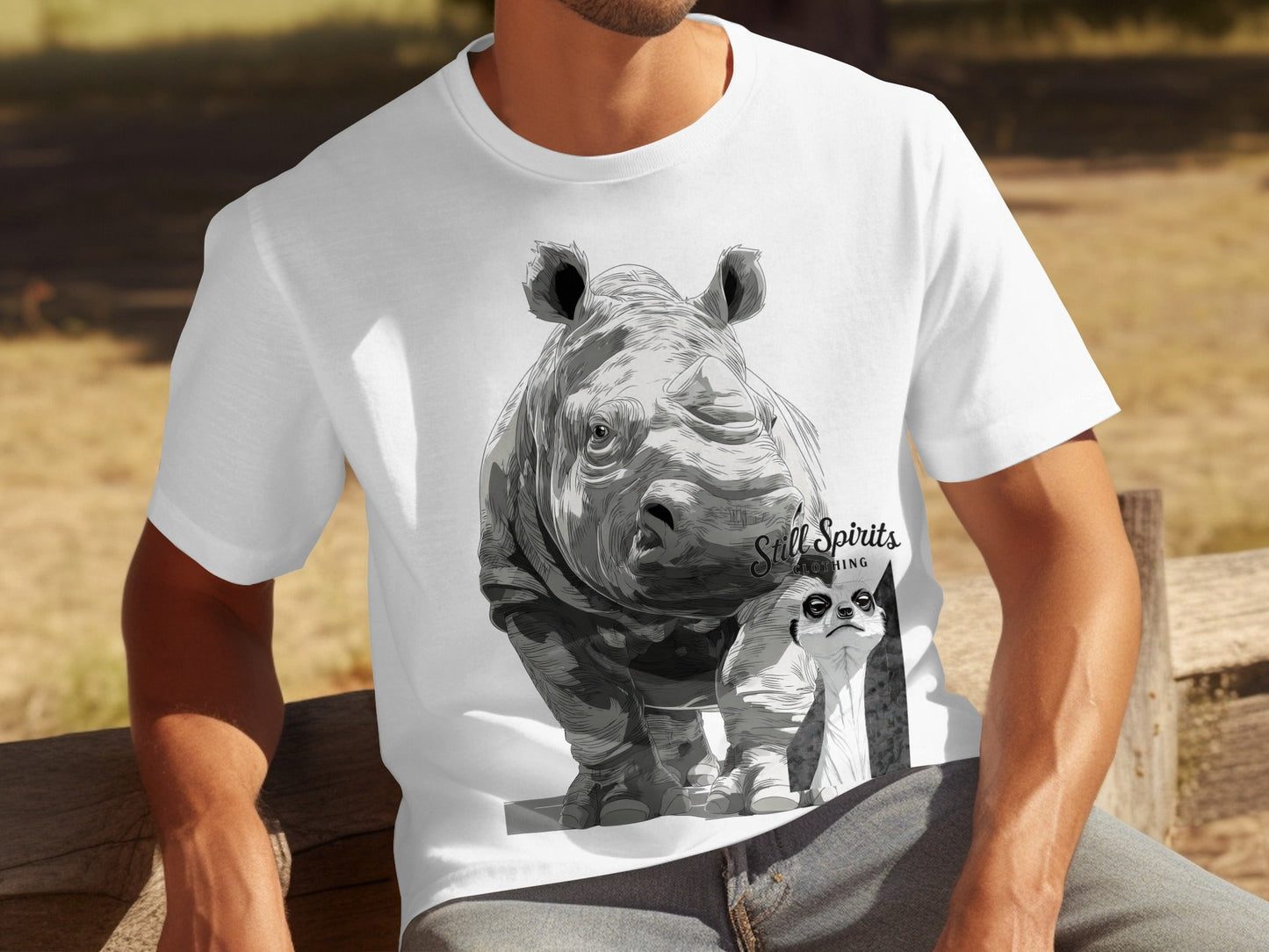 RMA APPAREL Rhino Meerkat Wildlife Animal Unisex T-Shirt - Still Spirits White T-Shirt - RMA APPAREL - Roclla Media Apparel Store