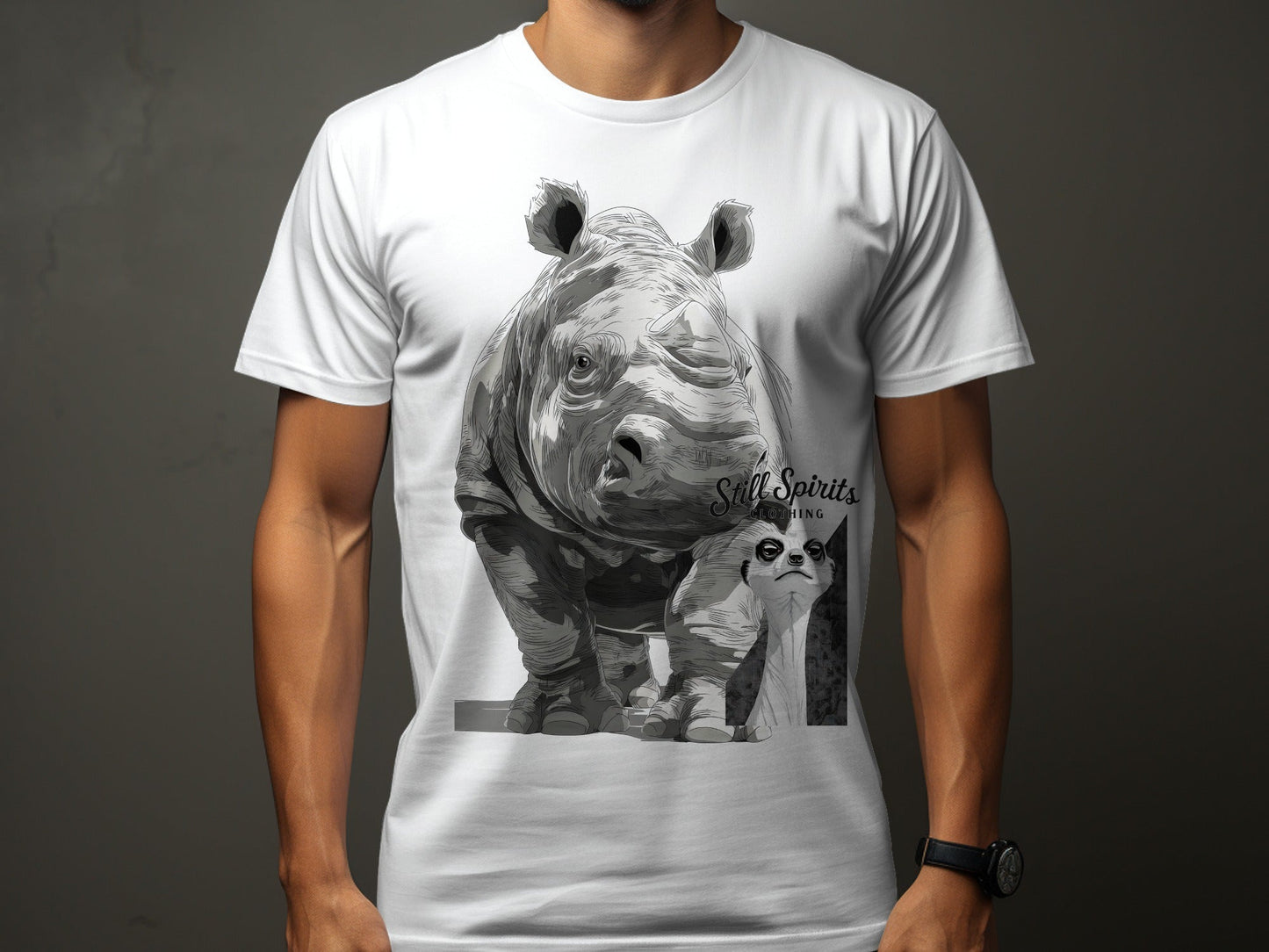 RMA APPAREL Rhino Meerkat Wildlife Animal Unisex T-Shirt - Still Spirits White T-Shirt - RMA APPAREL - Roclla Media Apparel Store