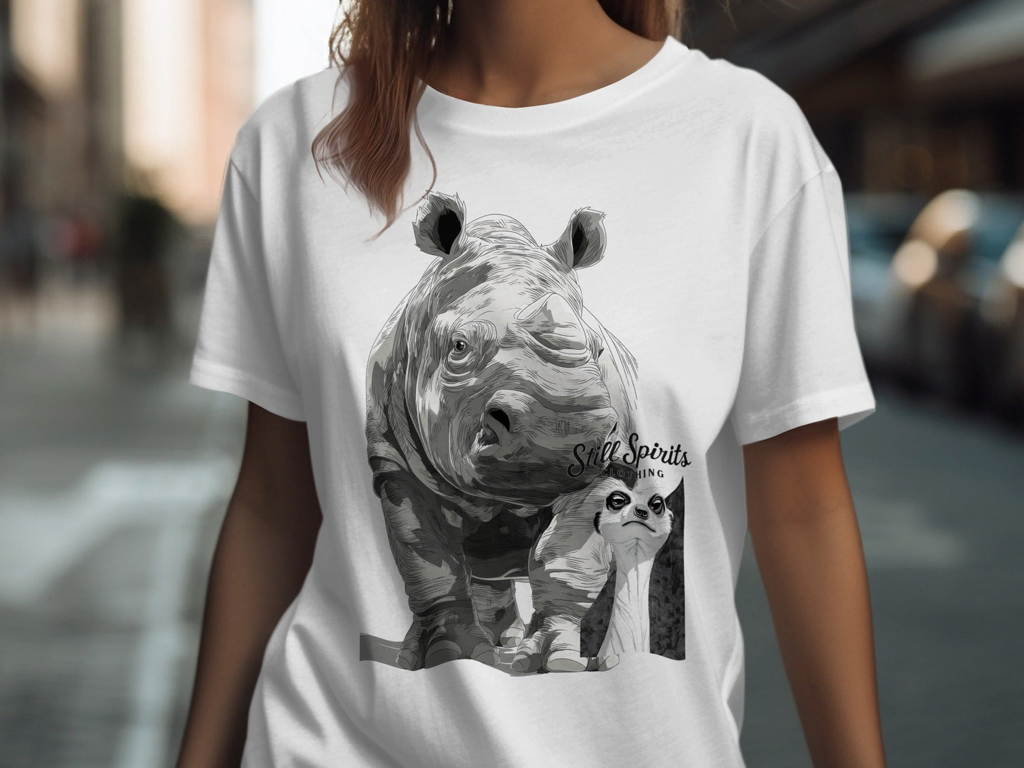 RMA APPAREL Rhino Meerkat Wildlife Animal Unisex T-Shirt - Still Spirits White T-Shirt - RMA APPAREL - Roclla Media Apparel Store