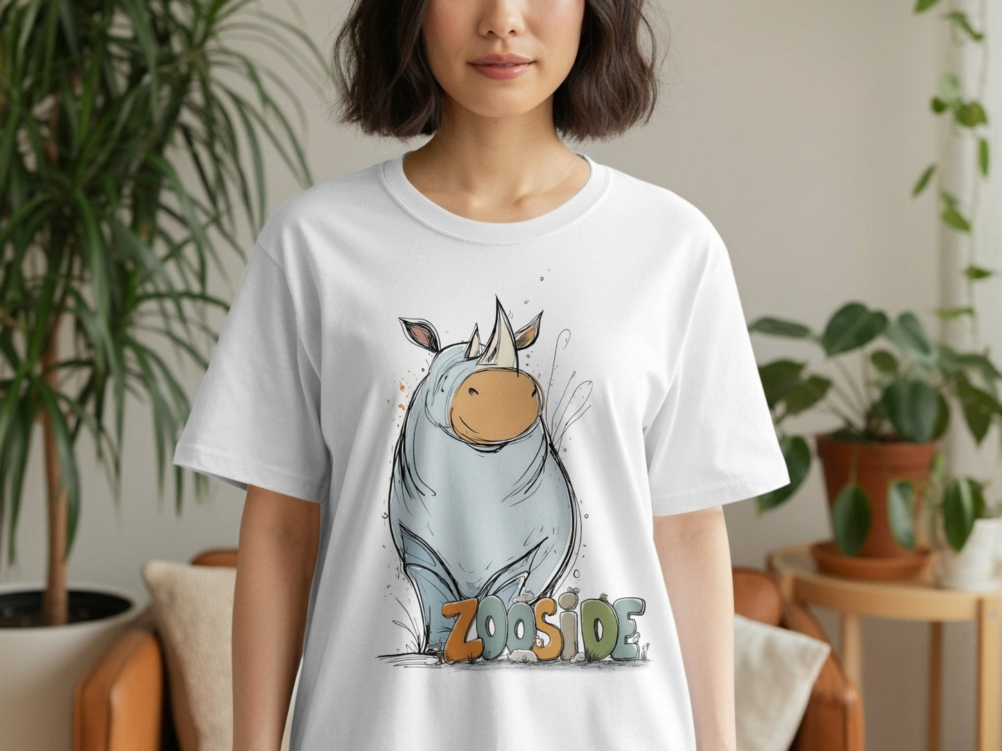 RMA APPAREL Rhino Wildlife Cute Illustration Unisex T-Shirt - Zooside White T-Shirts - RMA APPAREL - Roclla Media Apparel Store