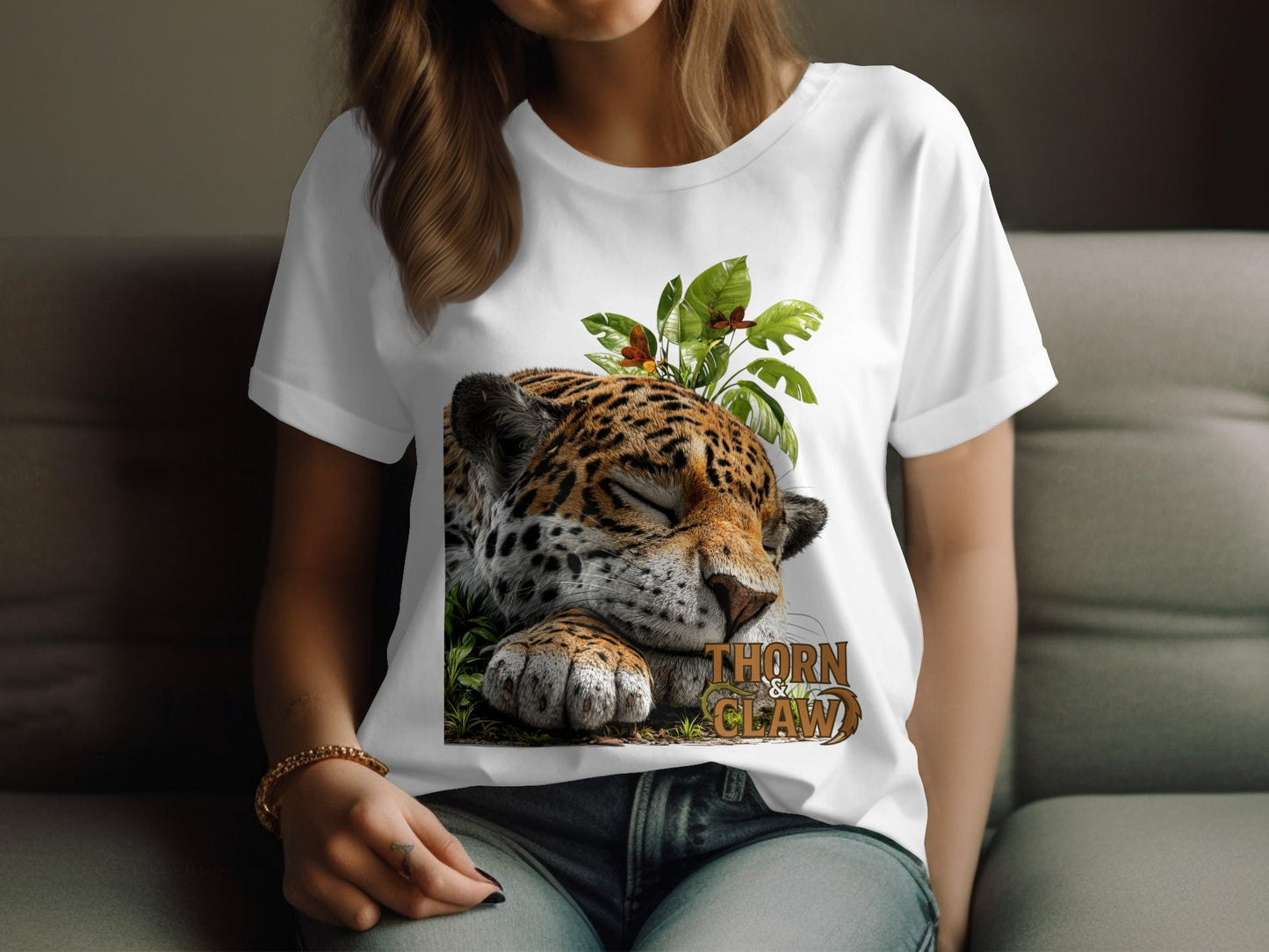 RMA APPAREL Sleeping Jaguar With Leaves Mens Womens T-Shirt - Thorn & Claw White T-Shirts - RMA APPAREL - Roclla Media Apparel Store