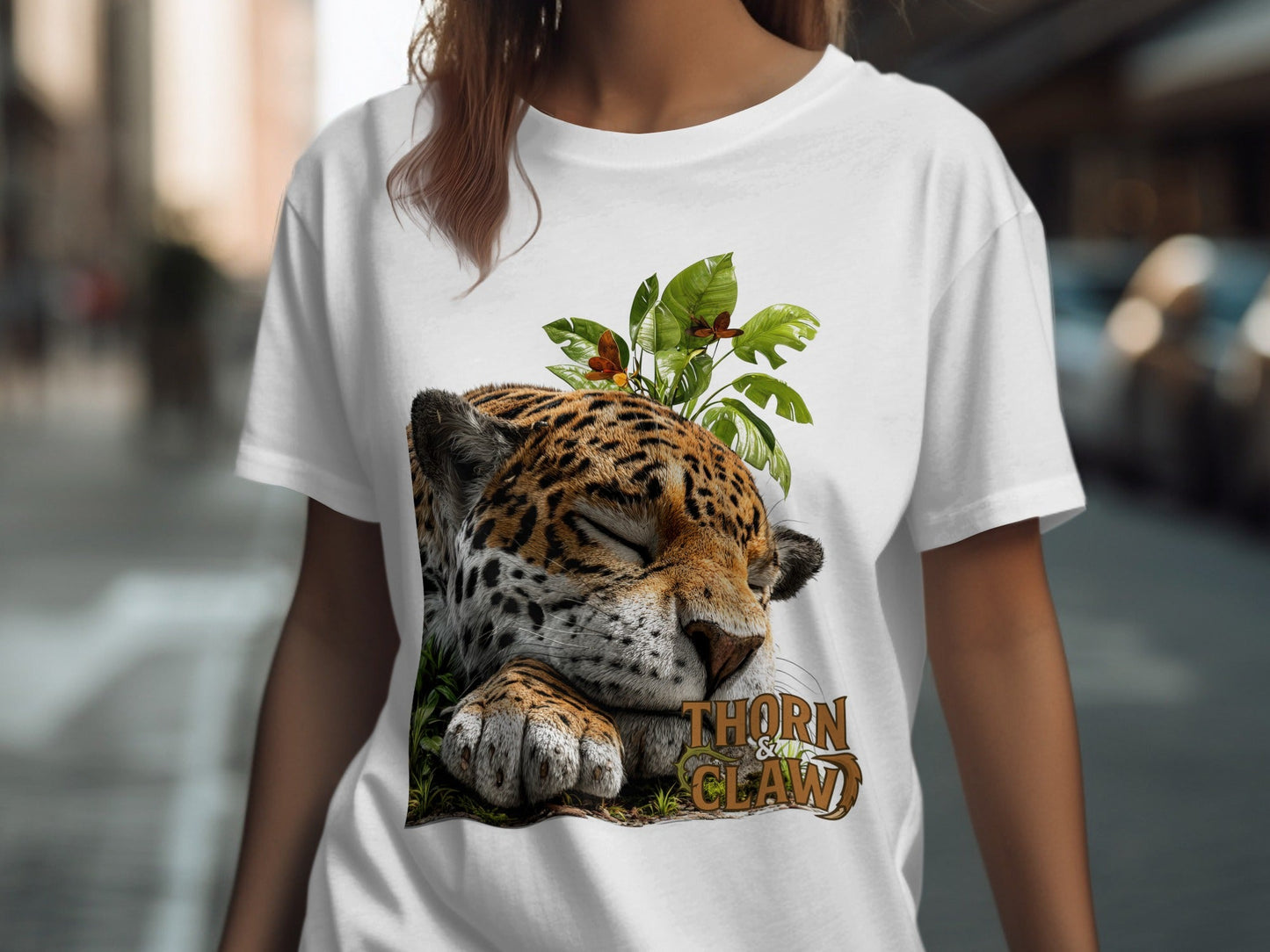 RMA APPAREL Sleeping Jaguar With Leaves Mens Womens T-Shirt - Thorn & Claw White T-Shirts - RMA APPAREL - Roclla Media Apparel Store