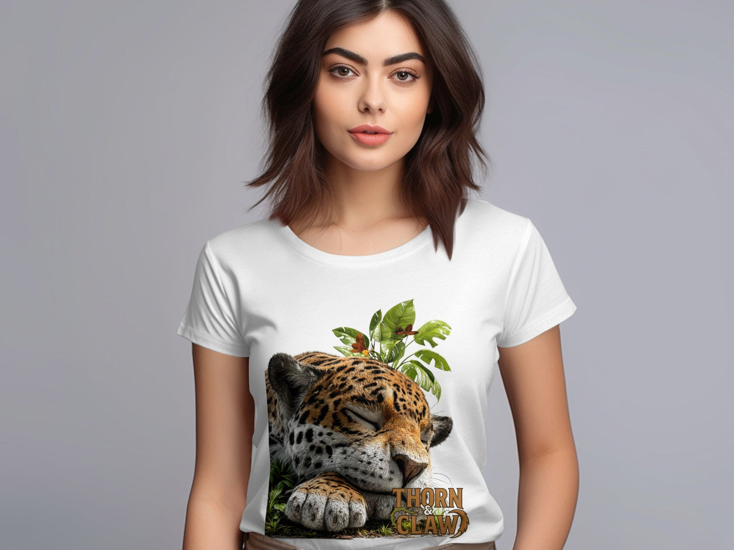 RMA APPAREL Sleeping Jaguar With Leaves Mens Womens T-Shirt - Thorn & Claw White T-Shirts - RMA APPAREL - Roclla Media Apparel Store