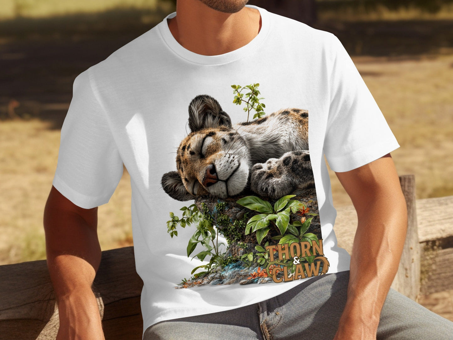 RMA APPAREL Sleeping Leopard Graphic Mens Womens T-Shirt - Thorn & Claw White T-Shirts - RMA APPAREL - Roclla Media Apparel Store