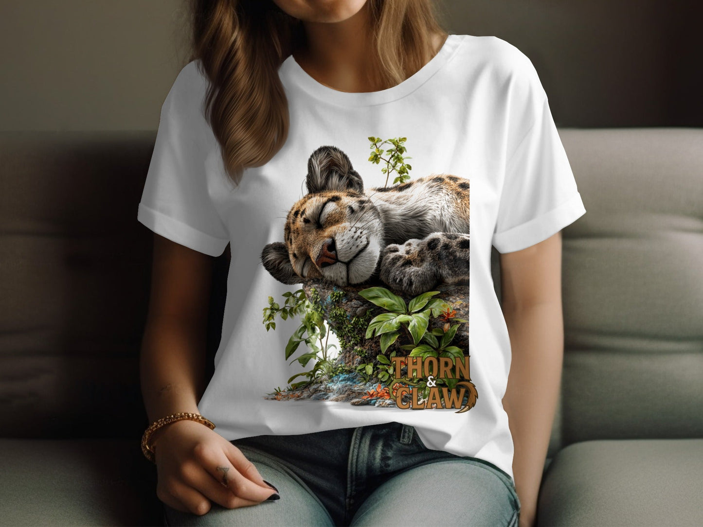 RMA APPAREL Sleeping Leopard Graphic Mens Womens T-Shirt - Thorn & Claw White T-Shirts - RMA APPAREL - Roclla Media Apparel Store