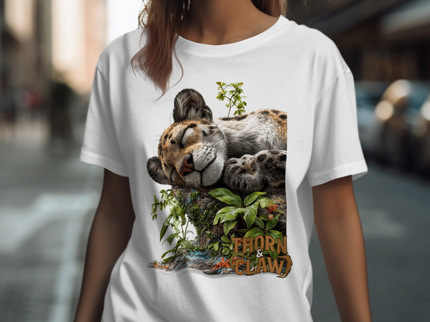 RMA APPAREL Sleeping Leopard Graphic Mens Womens T-Shirt - Thorn & Claw White T-Shirts - RMA APPAREL - Roclla Media Apparel Store