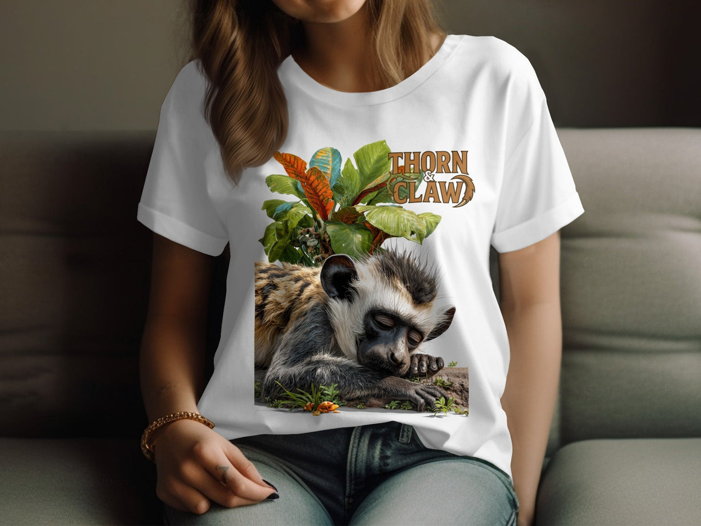 RMA APPAREL Sleeping Monkey Wildlife Unisex T-Shirt Sizes S - 5XL T-Shirt - Thorn & Claw White T-Shirts - RMA APPAREL - Roclla Media Apparel Store