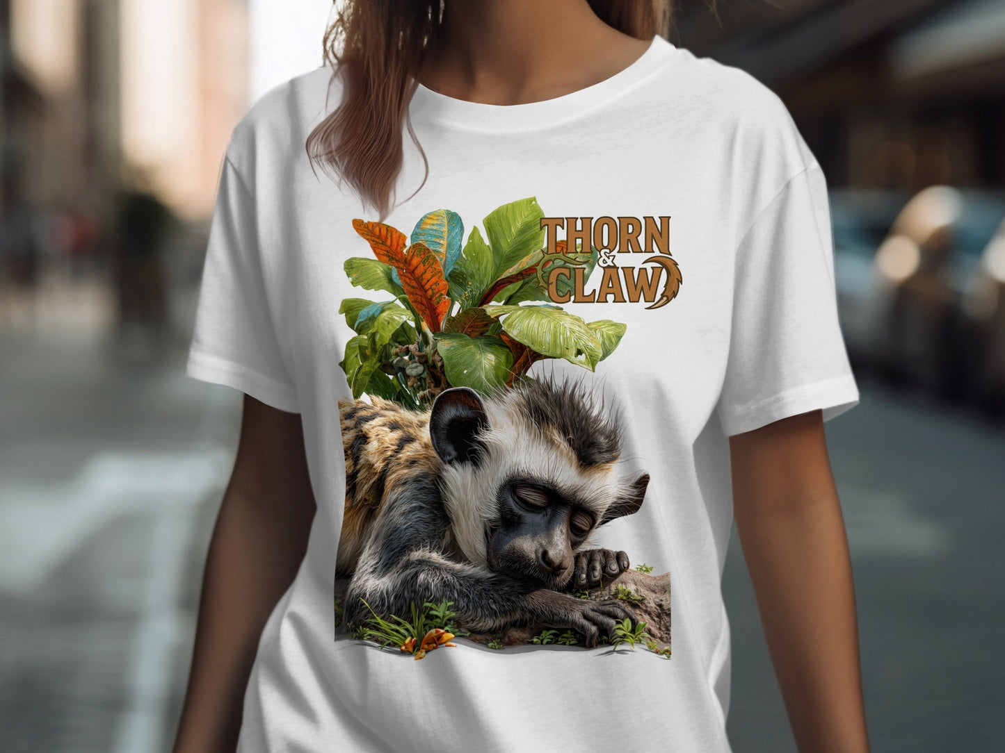 RMA APPAREL Sleeping Monkey Wildlife Unisex T-Shirt Sizes S - 5XL T-Shirt - Thorn & Claw White T-Shirts - RMA APPAREL - Roclla Media Apparel Store