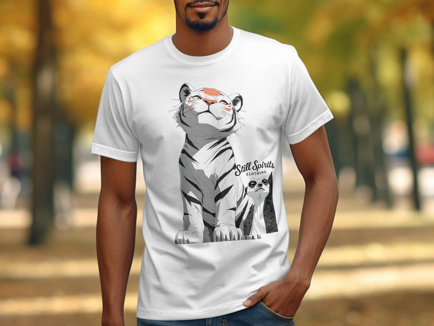 RMA APPAREL Tiger Meerkat Wildlife Unisex T-Shirt Sizes S - 5XL - Still Spirits White T-Shirt - RMA APPAREL - Roclla Media Apparel Store
