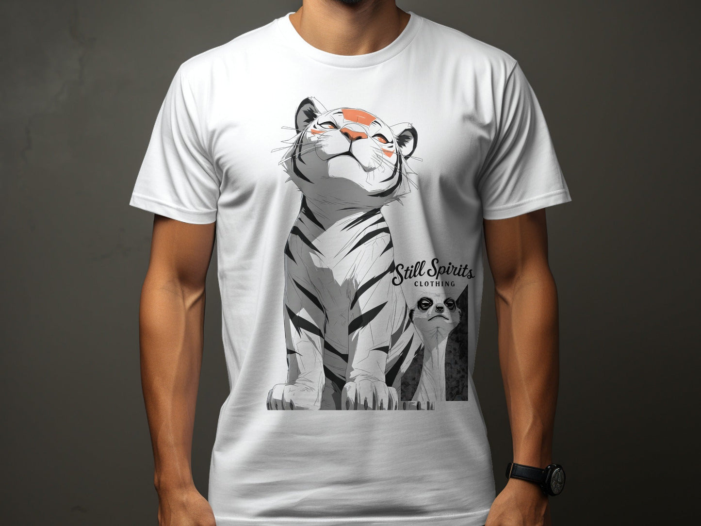 RMA APPAREL Tiger Meerkat Wildlife Unisex T-Shirt Sizes S - 5XL - Still Spirits White T-Shirt - RMA APPAREL - Roclla Media Apparel Store