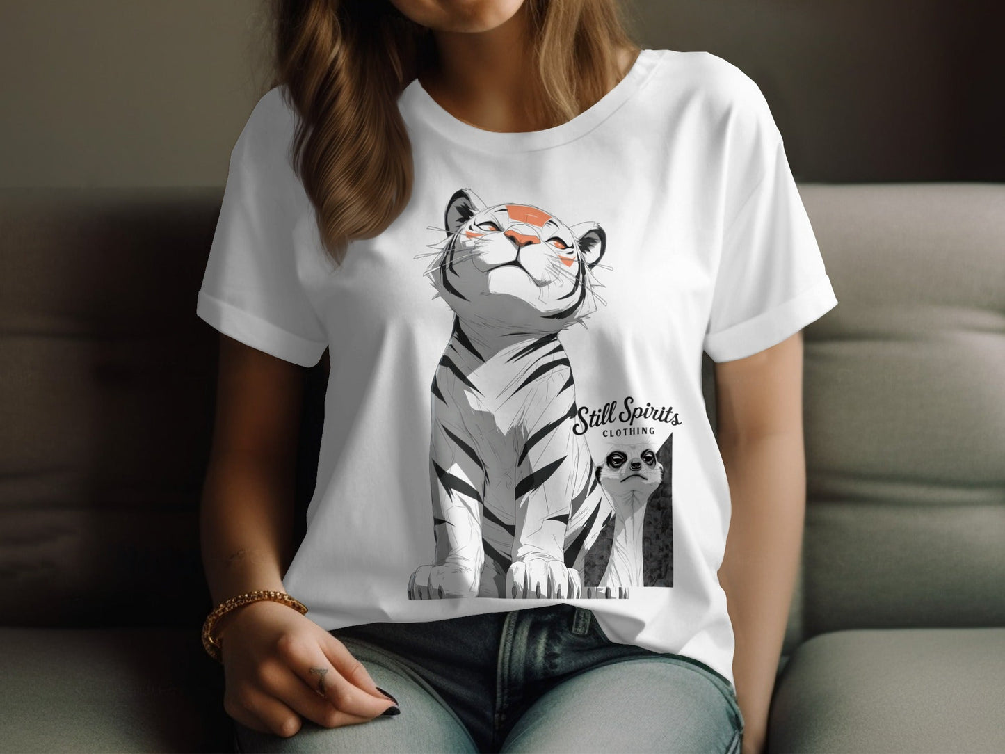 RMA APPAREL Tiger Meerkat Wildlife Unisex T-Shirt Sizes S - 5XL - Still Spirits White T-Shirt - RMA APPAREL - Roclla Media Apparel Store
