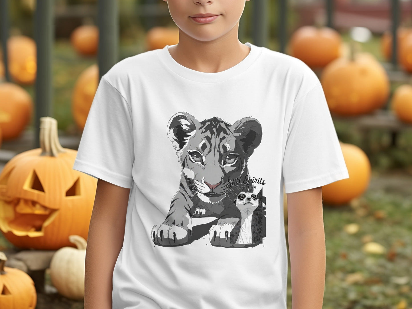 RMA APPAREL Tiger with Meerkat Wildlife Art T-Shirt - Still Spirits White T-Shirt - RMA APPAREL - Roclla Media Apparel Store