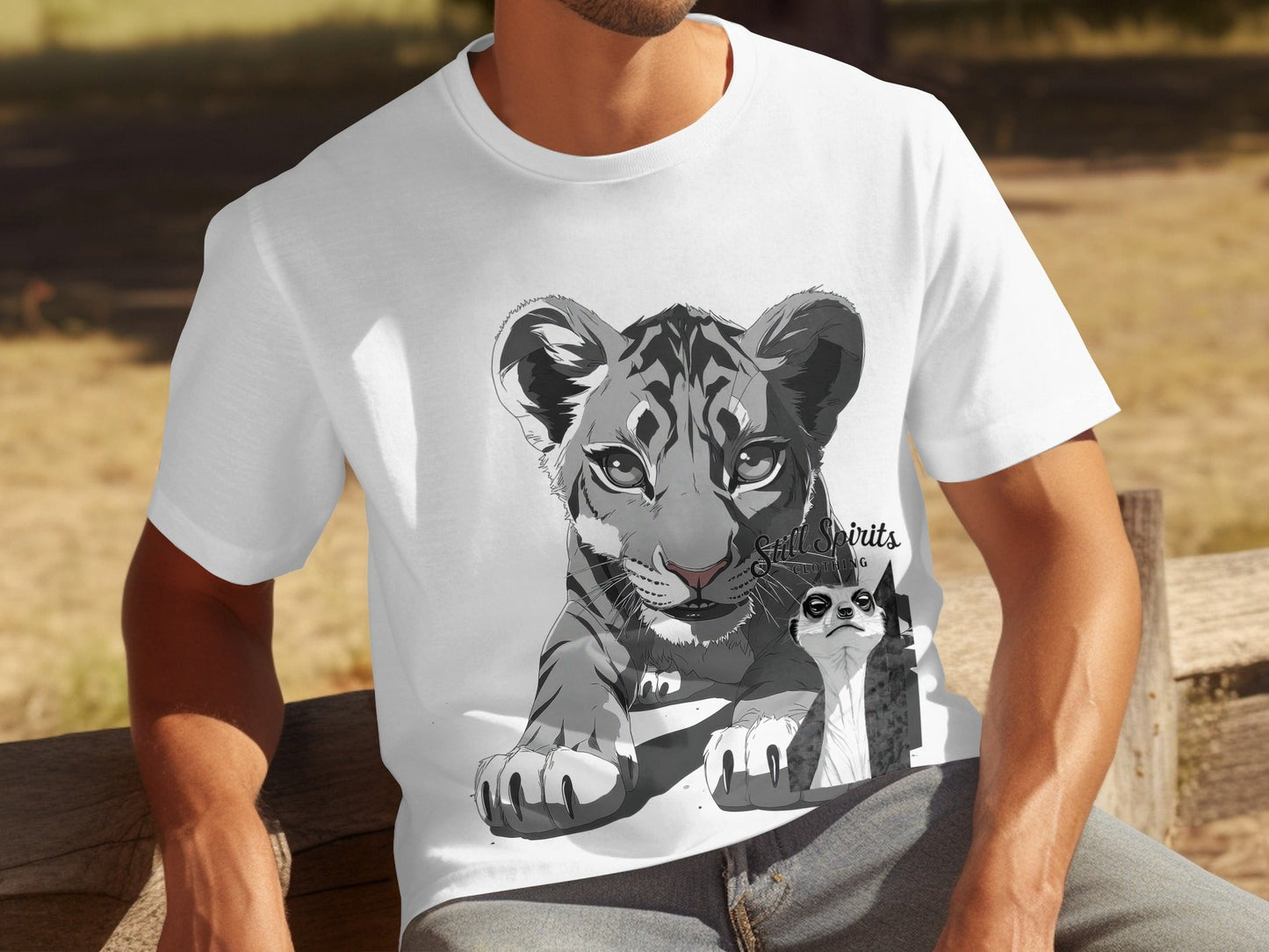RMA APPAREL Tiger with Meerkat Wildlife Art T-Shirt - Still Spirits White T-Shirt - RMA APPAREL - Roclla Media Apparel Store