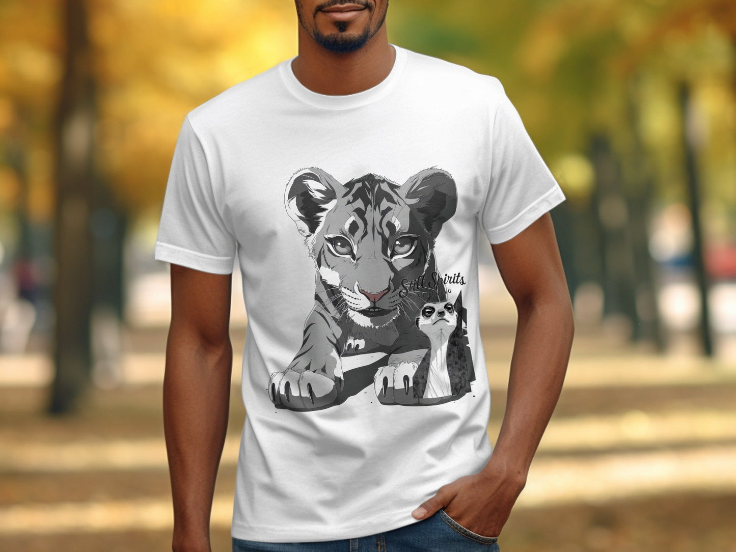 RMA APPAREL Tiger with Meerkat Wildlife Art T-Shirt - Still Spirits White T-Shirt - RMA APPAREL - Roclla Media Apparel Store