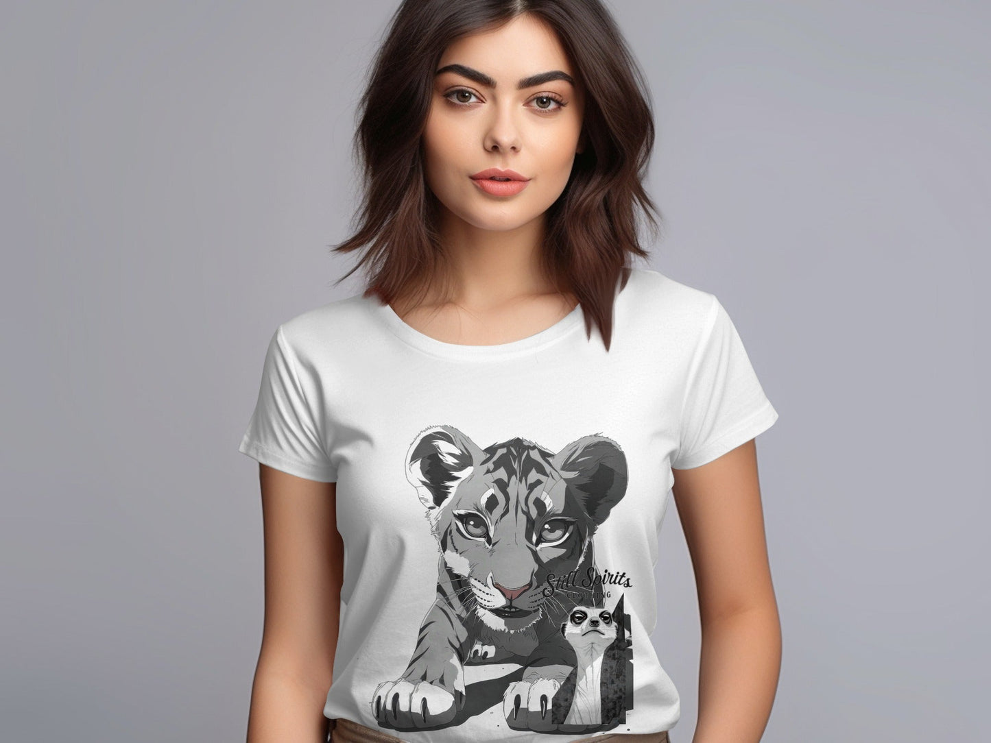 RMA APPAREL Tiger with Meerkat Wildlife Art T-Shirt - Still Spirits White T-Shirt - RMA APPAREL - Roclla Media Apparel Store