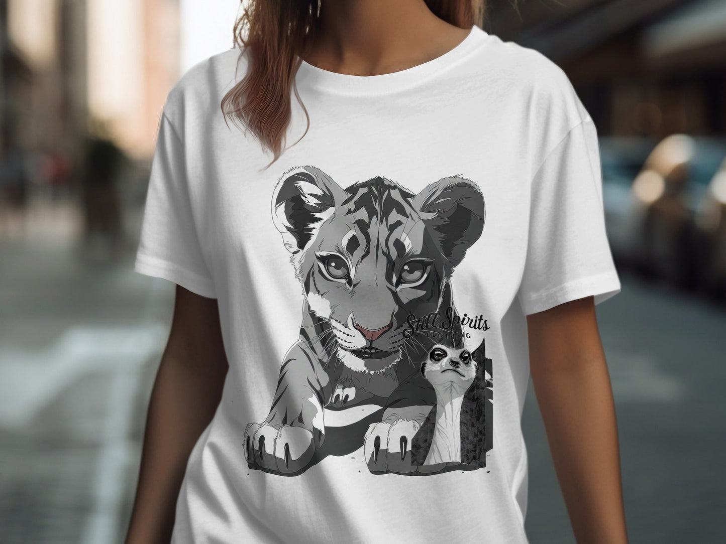 RMA APPAREL Tiger with Meerkat Wildlife Art T-Shirt - Still Spirits White T-Shirt - RMA APPAREL - Roclla Media Apparel Store