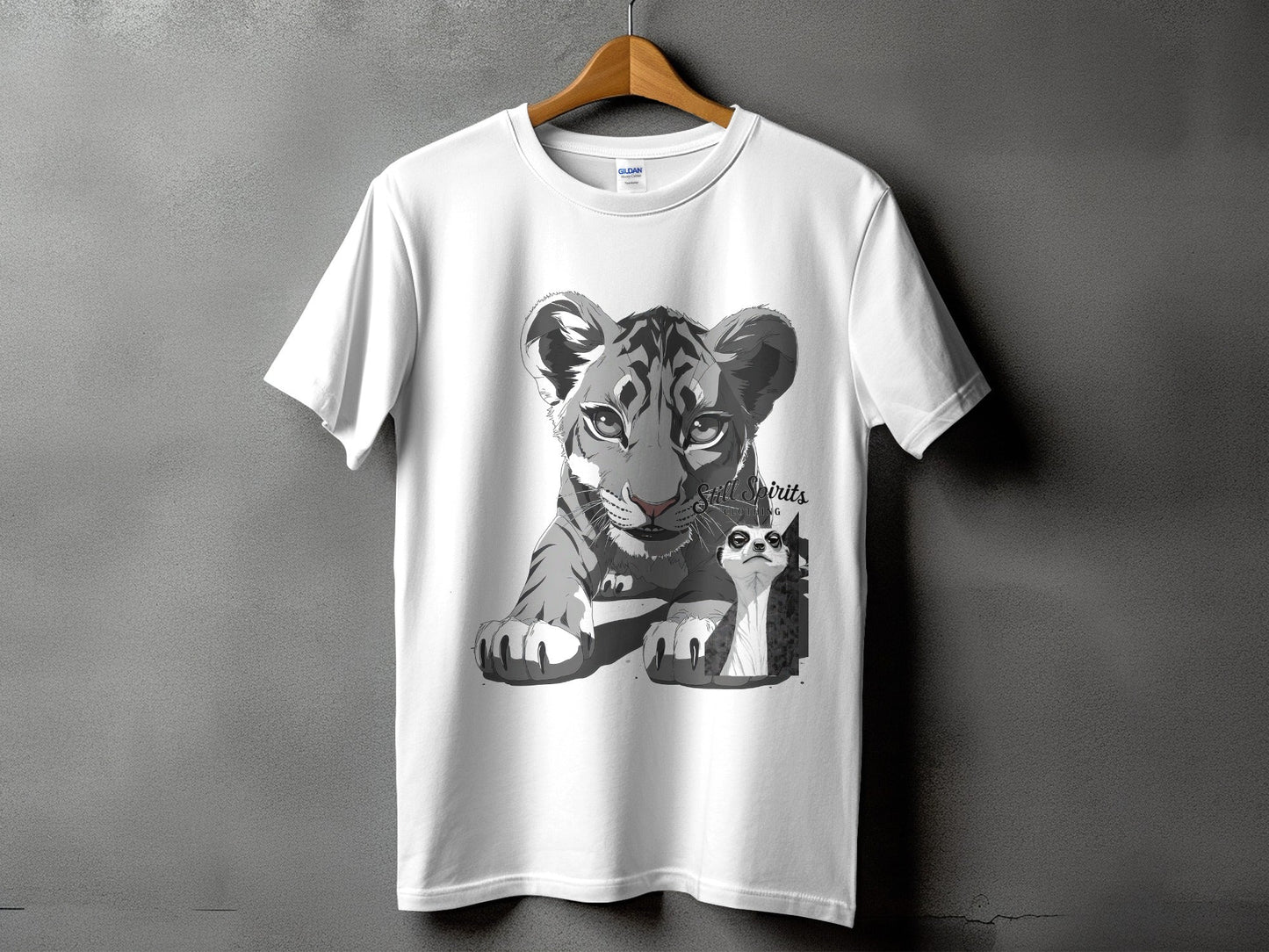 RMA APPAREL Tiger with Meerkat Wildlife Art T-Shirt - Still Spirits White T-Shirt - RMA APPAREL - Roclla Media Apparel Store