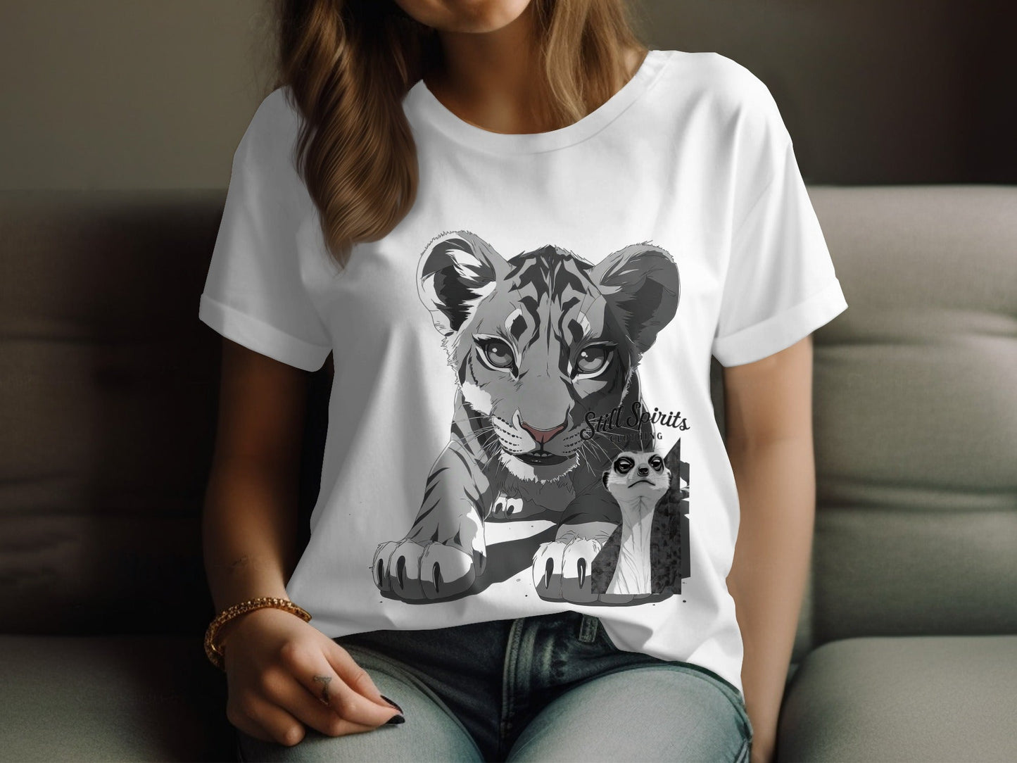 RMA APPAREL Tiger with Meerkat Wildlife Art T-Shirt - Still Spirits White T-Shirt - RMA APPAREL - Roclla Media Apparel Store