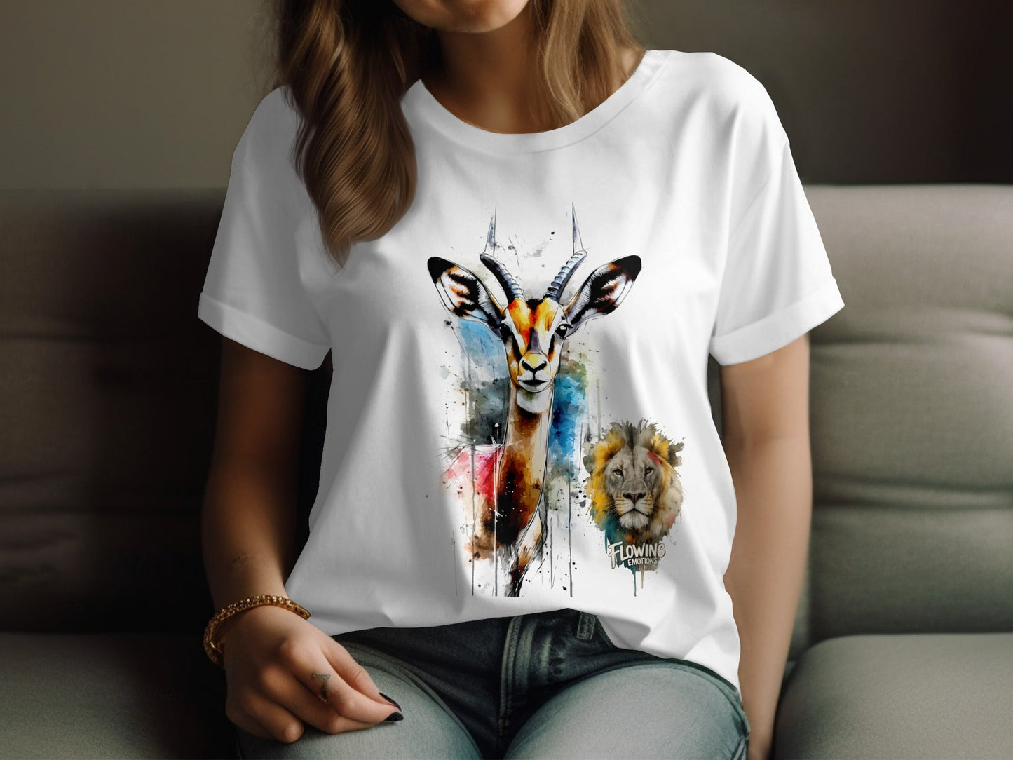 RMA APPAREL Watercolor Gazelle Lion Graphic Unisex T-Shirt - Flowing Emotions White T-Shirts - RMA APPAREL - Roclla Media Apparel Store