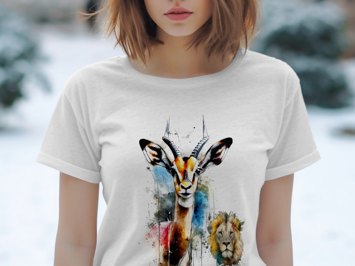 RMA APPAREL Watercolor Gazelle Lion Graphic Unisex T-Shirt - Flowing Emotions White T-Shirts - RMA APPAREL - Roclla Media Apparel Store