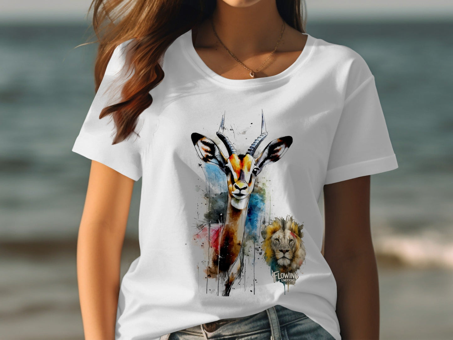 RMA APPAREL Watercolor Gazelle Lion Graphic Unisex T-Shirt - Flowing Emotions White T-Shirts - RMA APPAREL - Roclla Media Apparel Store