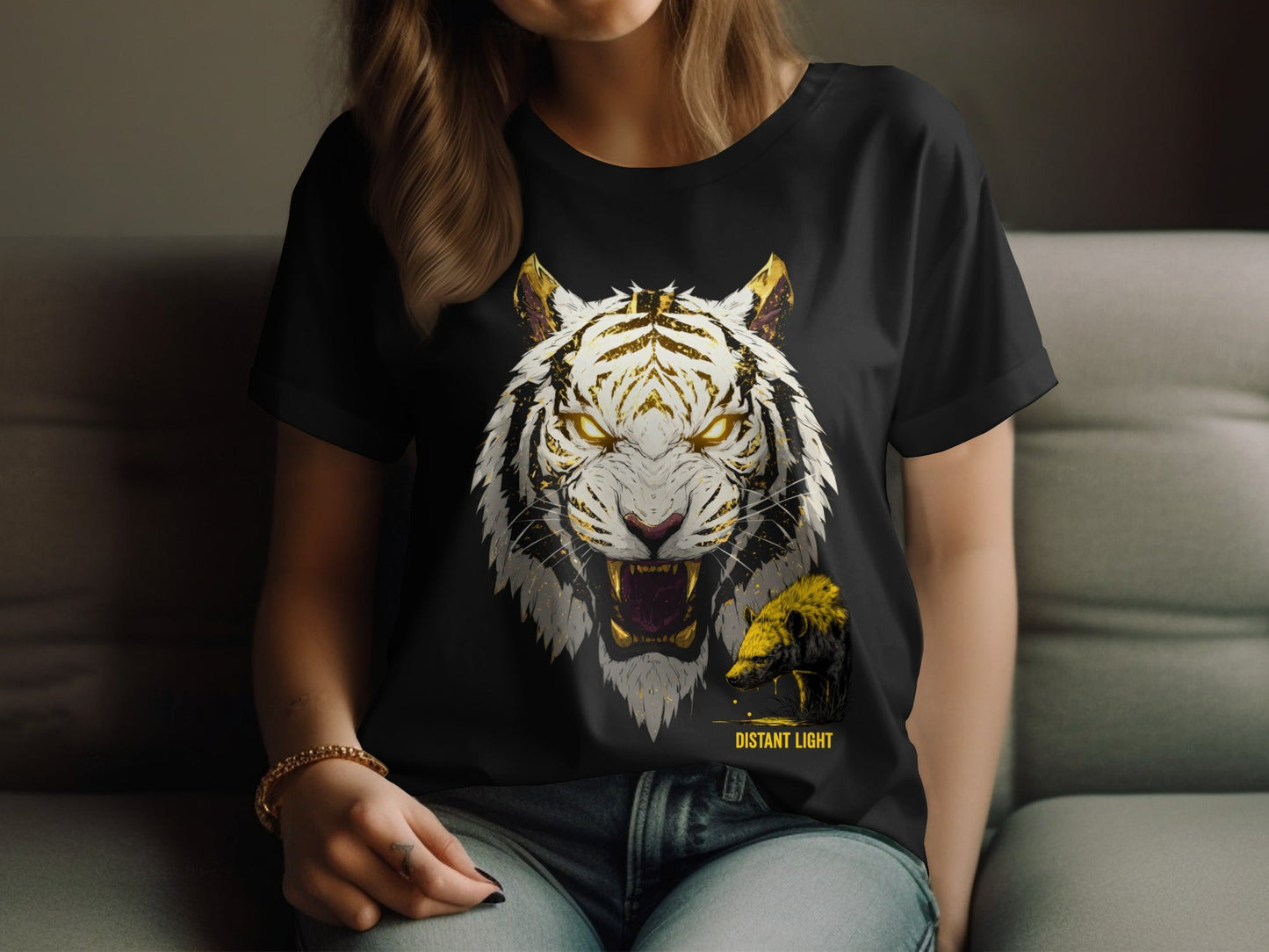 RMA APPAREL White Tiger Golden Illustration Art Unisex T-Shirt Product Type - Distant Light White T-Shirts - RMA APPAREL - Roclla Media Apparel Store