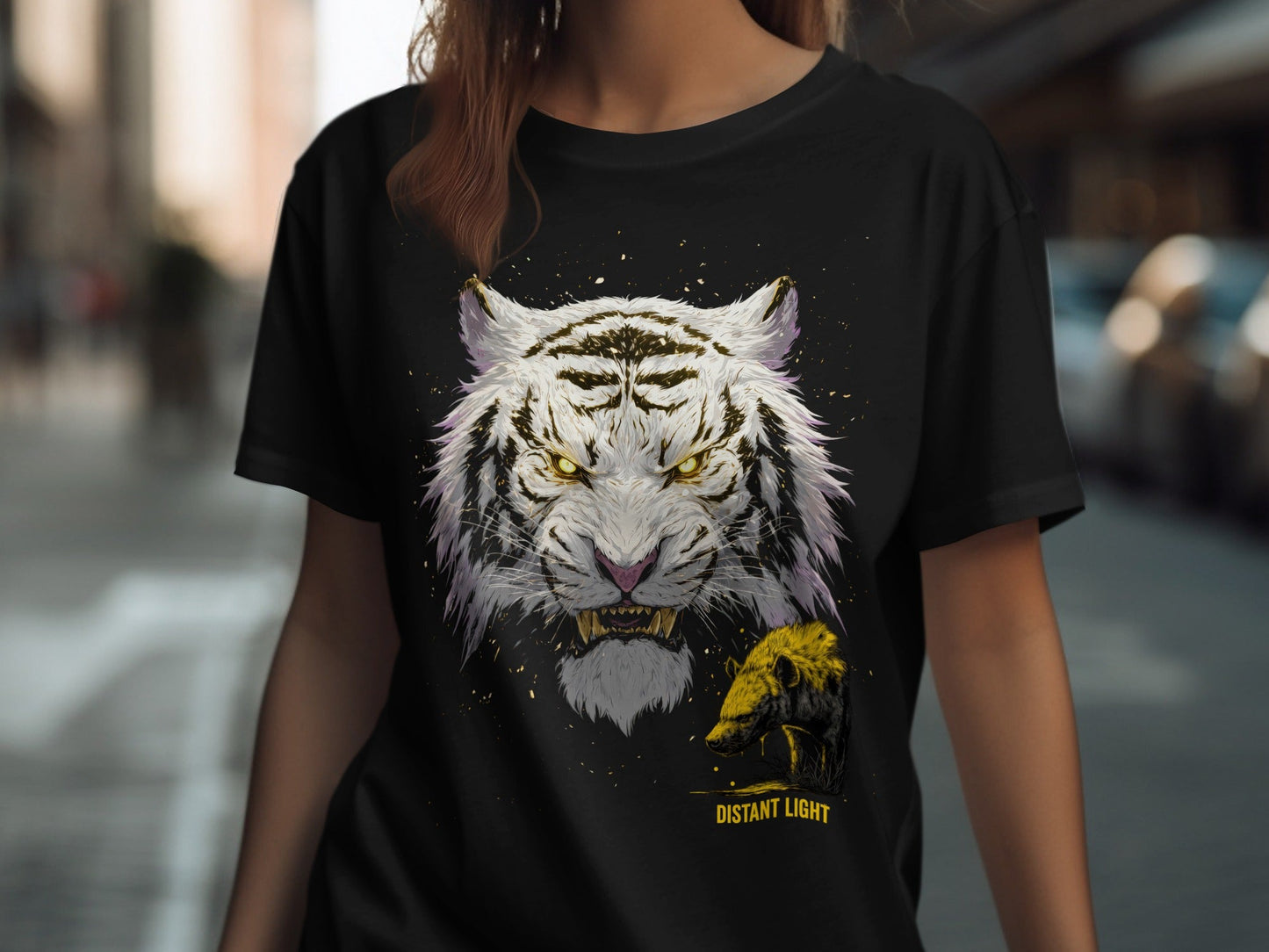 RMA APPAREL White Tiger Mammal Art Unisex T-Shirt Sizes - Distant Light White T-Shirts - RMA APPAREL - Roclla Media Apparel Store